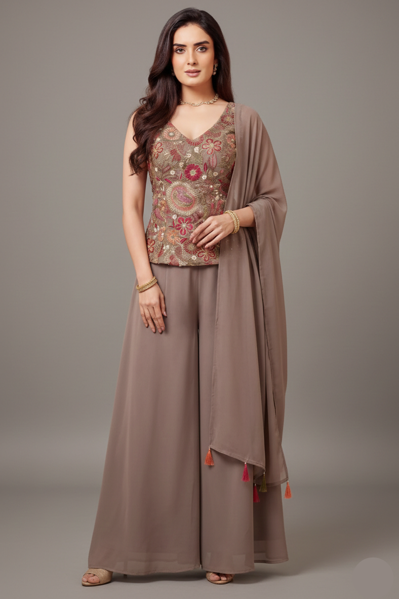Iris Mauve Georgette Floral Embroidered Palazzo Suit - red georgette saree embroidered Main image