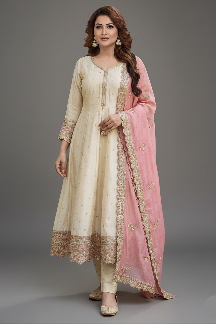 Cream Art Silk Sequin Embroidered Anarkali Suit - red silk saree embroidered Main image