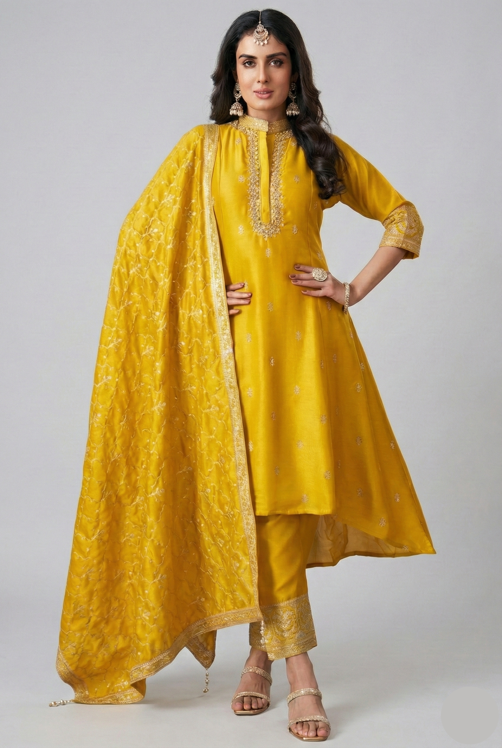 Yellow Art Silk High and Low Sequin Mirror Worked Suit - yellow silk saree Main image