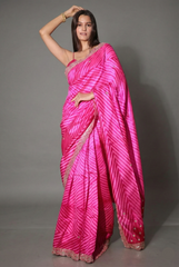 Pink Silk Leheriya Printed Saree with Applique Work Scallop Border
