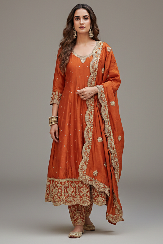 Orange Art Silk Sequin Embroidered Anarkali Suit with Scallop Border - red silk saree embroidered Main image