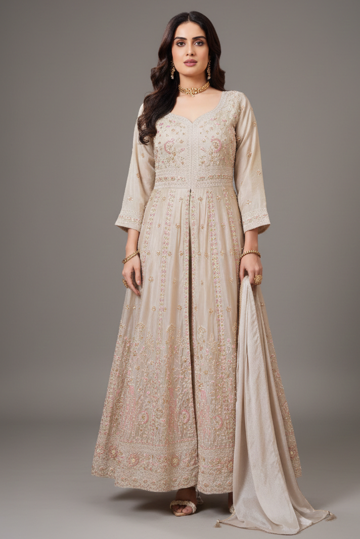 Cream Chinon Slit Cut Sequin Beaded Suit - cream saree Main image