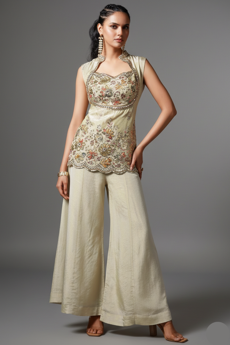 Cream Tissue Silk Sequins Cutdana Work Palazzo Suit - cream silk saree
