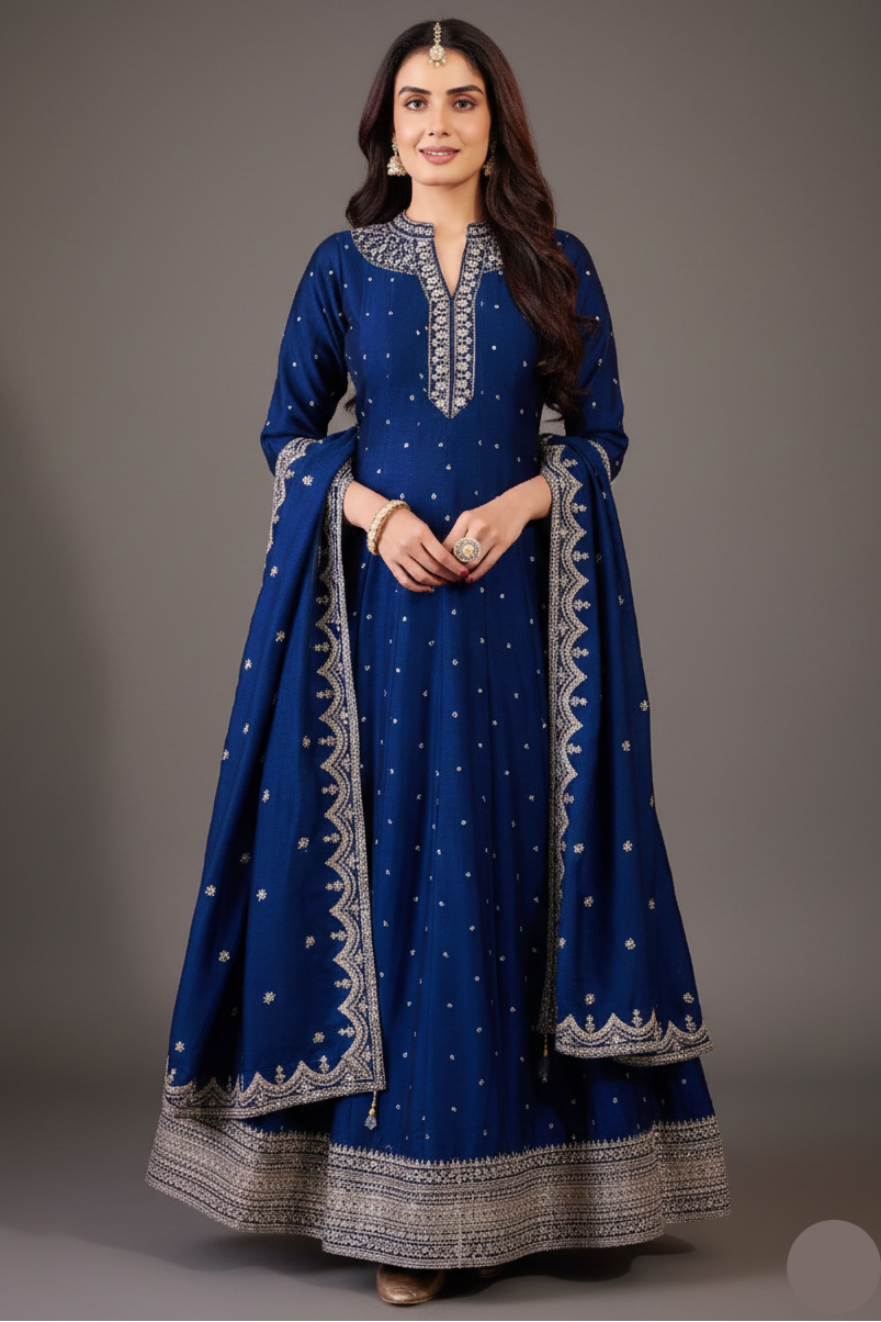 Navy Blue Art Silk Sequin Embroidery Worked Anarkali Suit - blue silk saree embroidery Main image