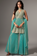 Aqua Green Tissue Silk Cutdana Worked Palazzo Suit - green silk saree