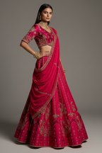 Magenta Silk Beaded and Zardosi Worked Lehenga - magenta silk saree