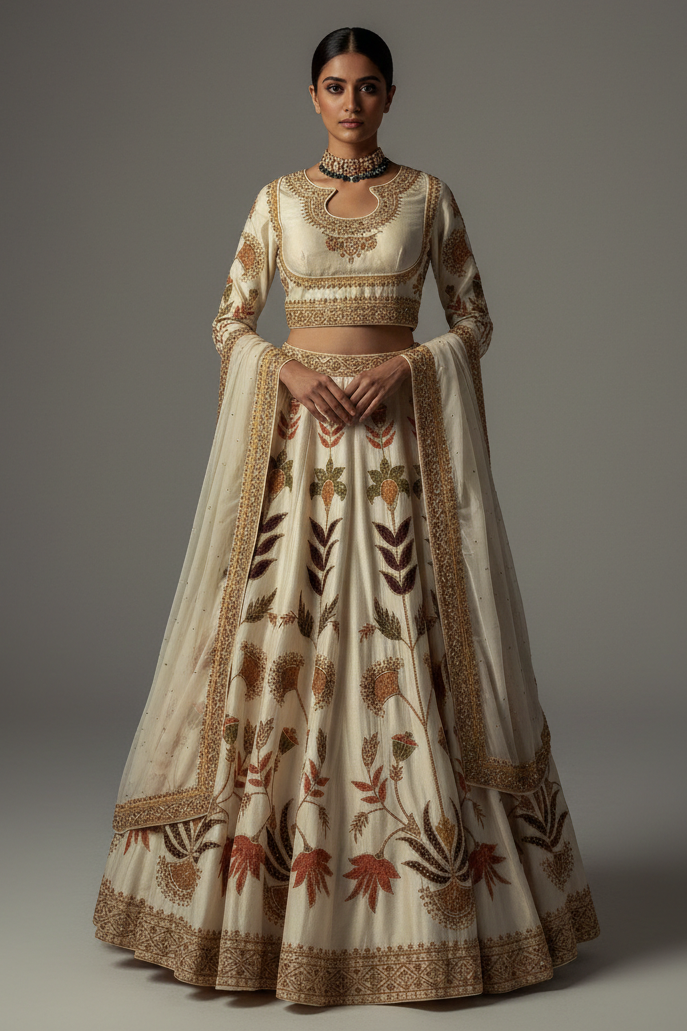 Pearl White Silk Patch Work Lehenga - white silk saree
