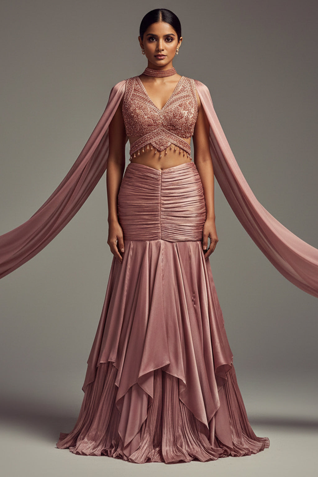 Radiant Blush Fish-Cut Lehenga with Crystal Embellished Choli - blush saree holi