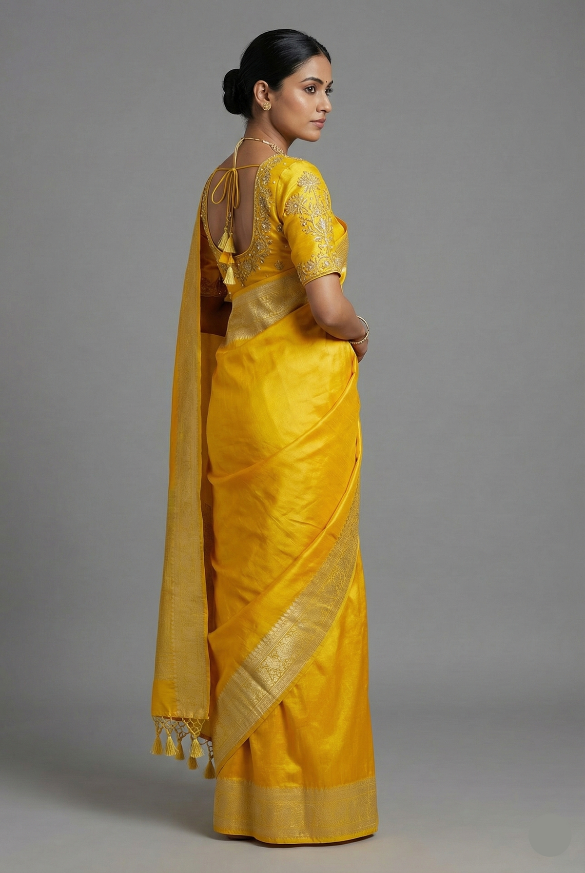Yellow Tissue Silk Saree with Readymade Blouse - yellow silk saree