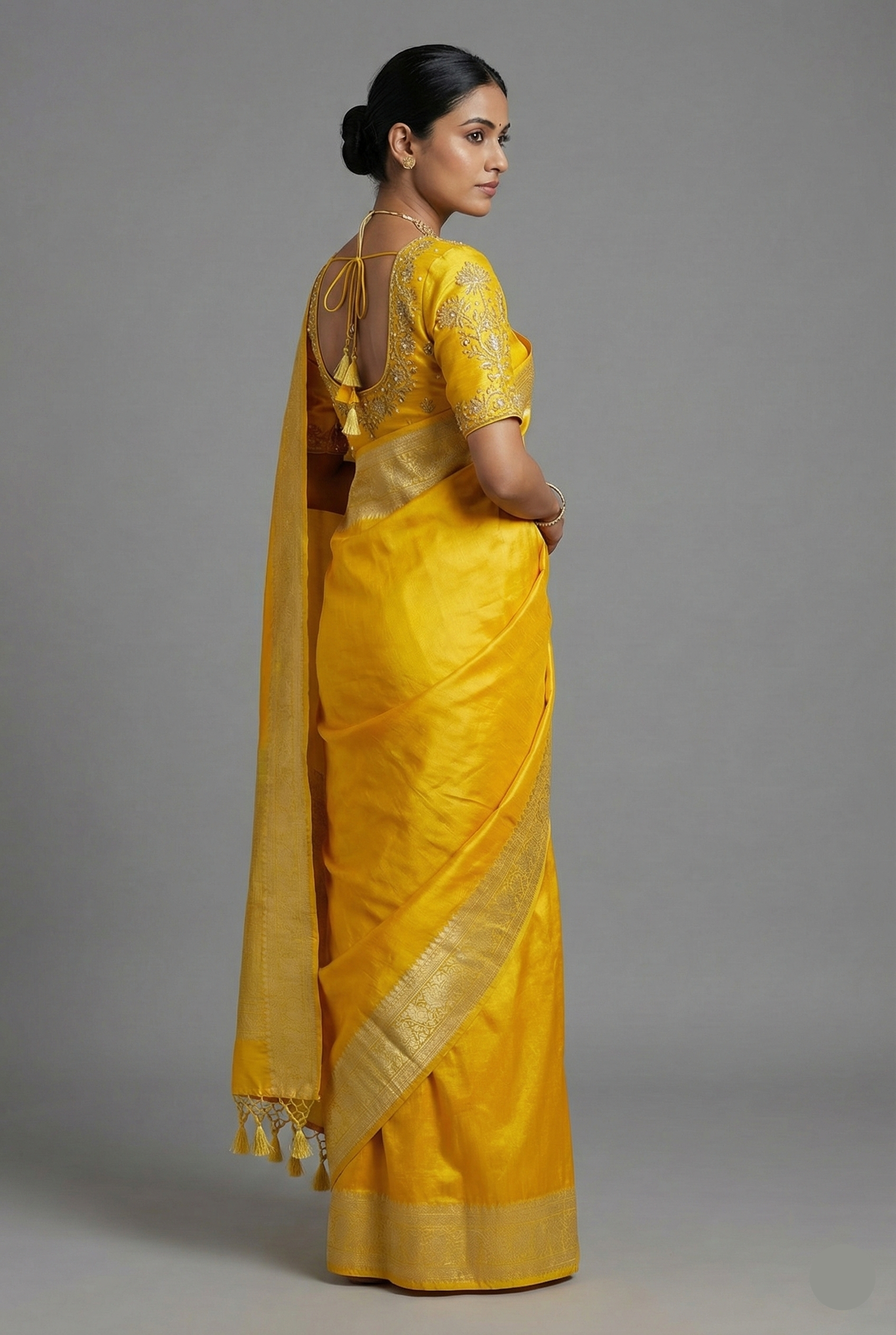 Yellow Tissue Silk Saree with Readymade Blouse - yellow silk saree
