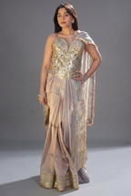 Lilac Purple Organza Tissue Saree with Kiran Lace Border - purple organza saree