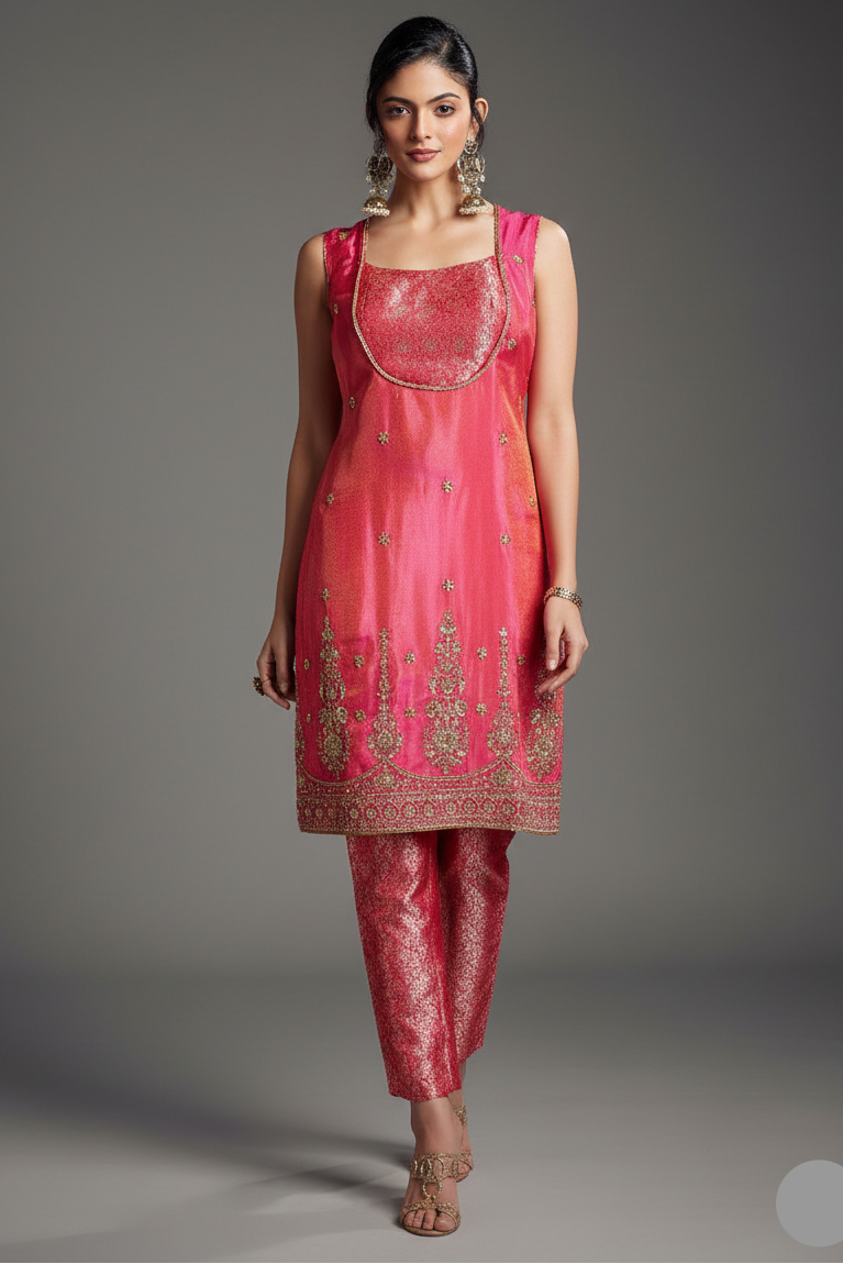Blossom Pink Tissue Silk Sequins and Cutdana Worked Straight Cut Suit - pink silk saree Main image