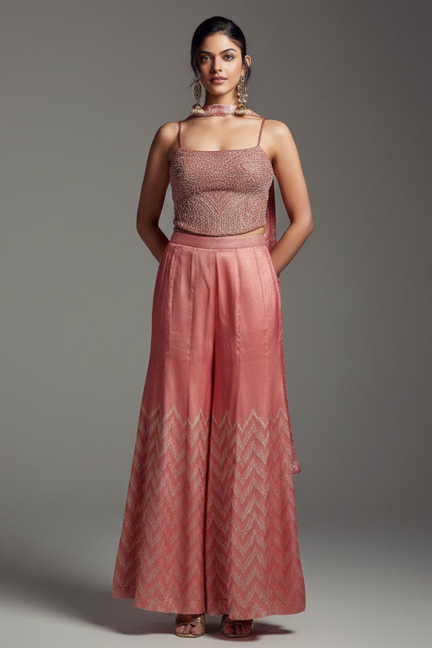 Peach Satin Georgette Silk Sequin Cutdana Crop Top Palazzo Set - peach silk saree