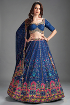 Blue Chiffon Silk Digital Printed Lehenga with Sequins Work - blue silk saree