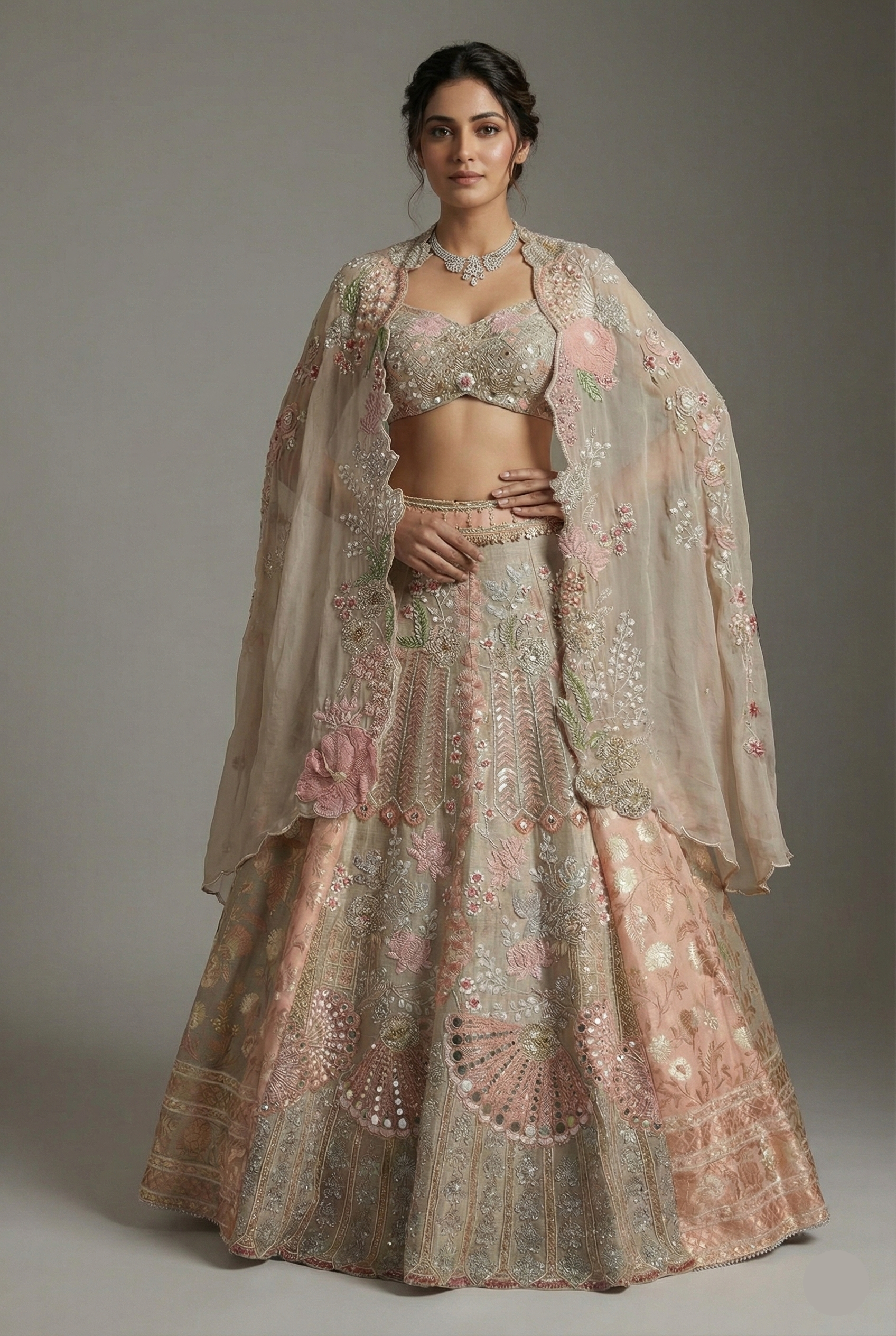 Grey Silk Designer Cutdana Beaded and Mirror Work Crop Top Lehenga with Jacket - grey silk saree Main image