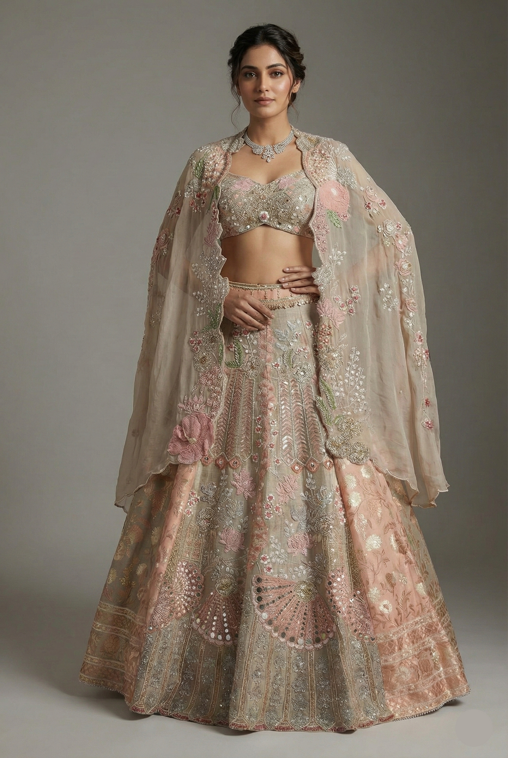 Grey Silk Designer Cutdana Beaded and Mirror Work Crop Top Lehenga with Jacket - grey silk saree