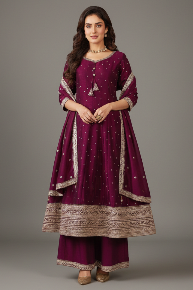 Magenta Art Silk Sequin Embroidery Anarkali Palazzo Suit - magenta silk saree embroidery Main image