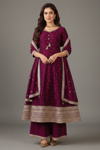 Magenta Art Silk Sequin Embroidery Anarkali Palazzo Suit - magenta silk saree embroidery