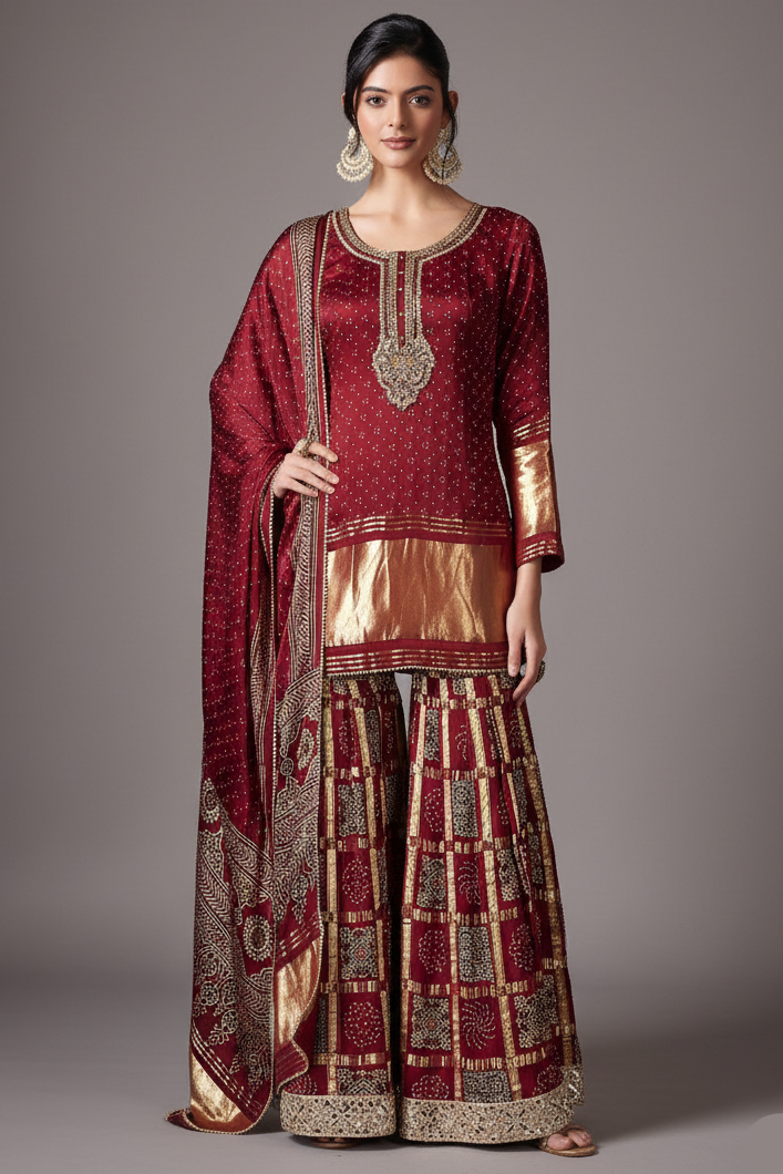 Maroon Gaji Silk Sharara Suit with Zardosi and Cutdana Work - maroon silk saree