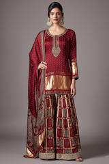 Maroon Gaji Silk Sharara Suit with Zardosi and Cutdana Work - maroon silk saree