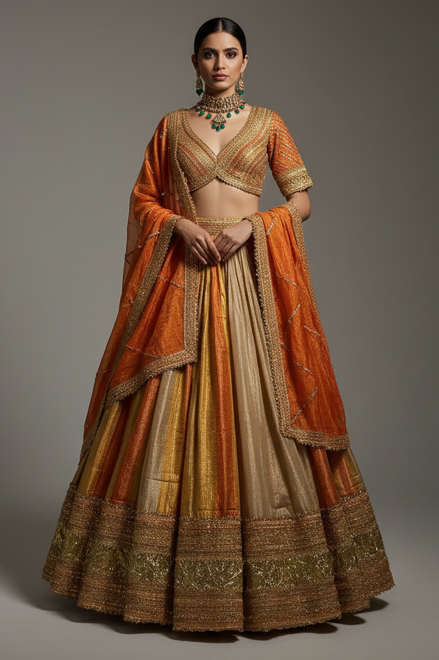 Multi Colored Tissue Organza Lehenga with Lace - red organza saree