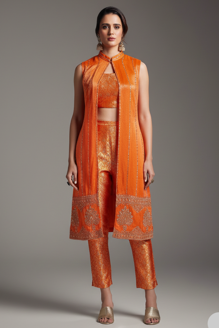 Orange Brocade Woven Crop Top Pant Set with Sequin Cutdana Work Jacket - orange brocade saree Main image