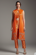Orange Brocade Woven Crop Top Pant Set with Sequin Cutdana Work Jacket - orange brocade saree