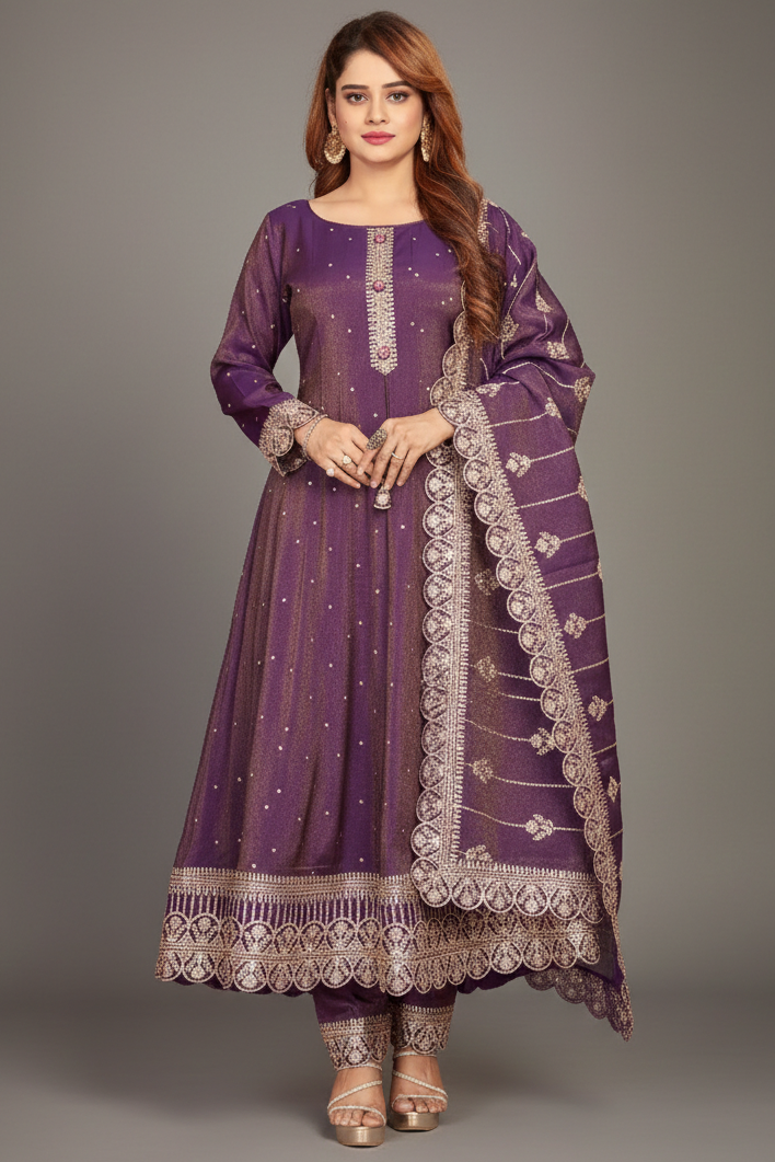 Purple Two Toned Tissue Sequin Embroidered Anarkali Suit - red saree embroidered