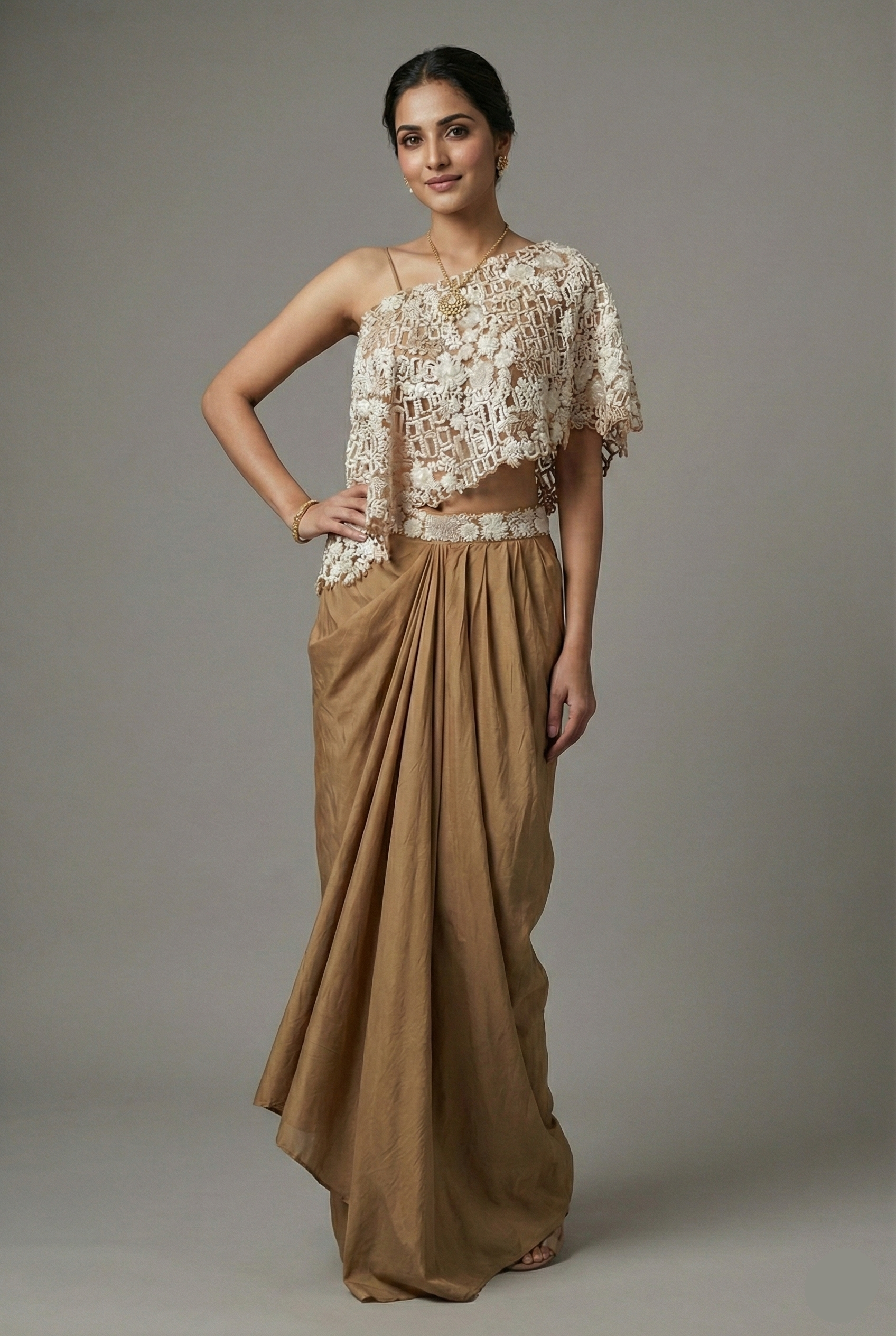 Mustard Brown and Beige Sequin Embroidered One Shoulder Crop Top with Dhoti Skirt Set - red saree embroidered Main image