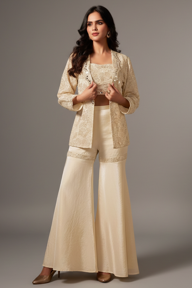 Cream Chinon Crop Top Sharara Set with Beaded Embroidered Blazer - red saree embroidered Main image