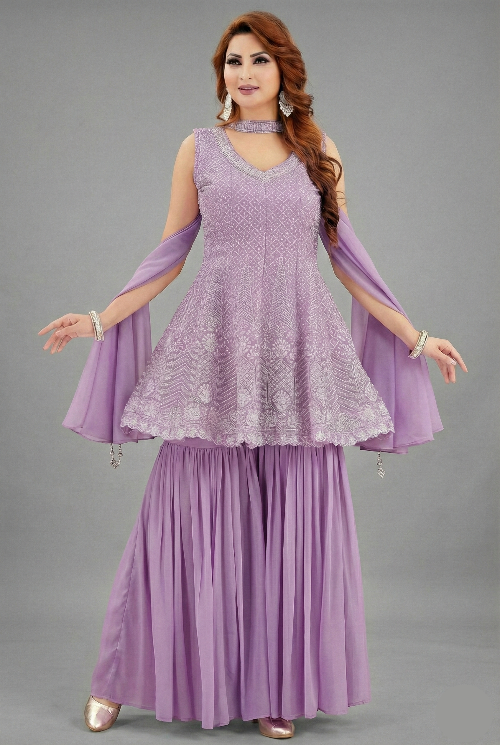 Lilac Purple Georgette Embroidered Peplum Sharara Suit - red georgette saree embroidered Main image