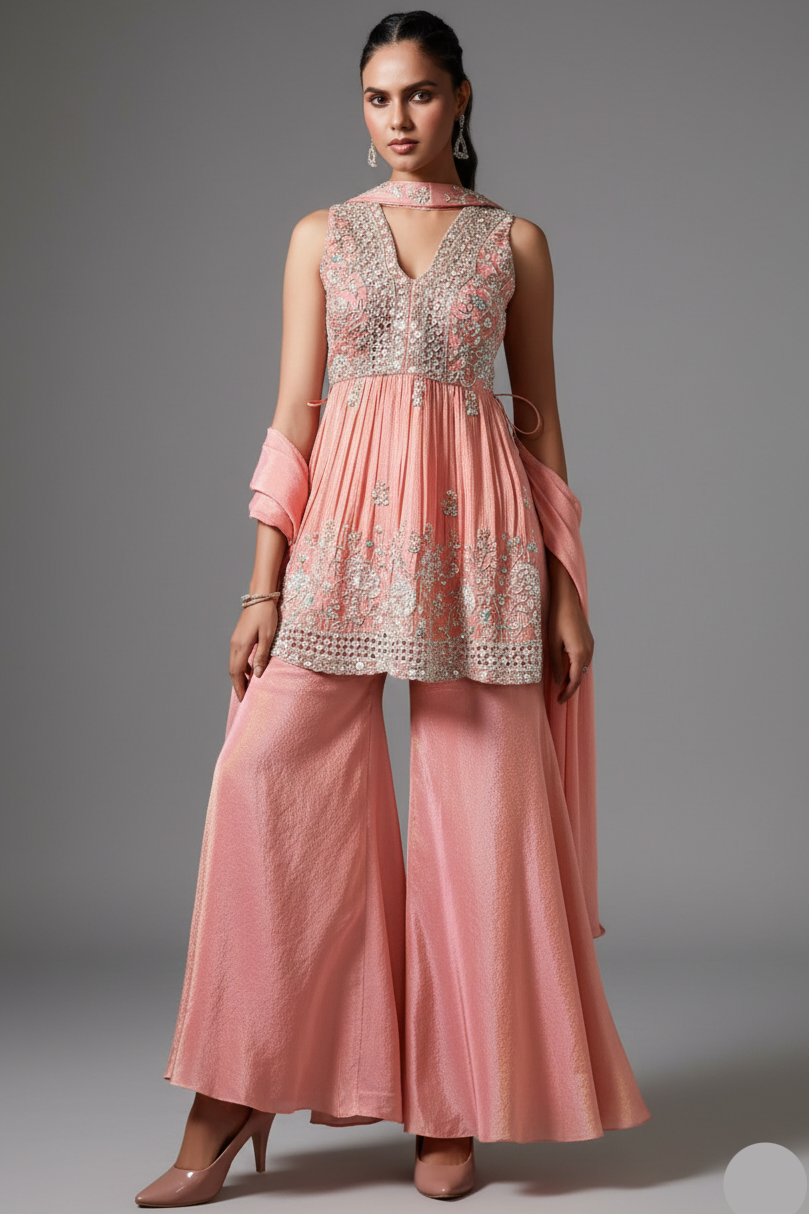 Peach Tissue Silk Cutdana worked Palazzo Suit - peach silk saree Main image