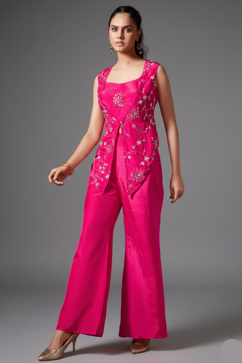 Pink Crepe Satin Silk Sequins Cutdana Work Crop Top Palazzo Set with Jacket - pink silk saree Main image