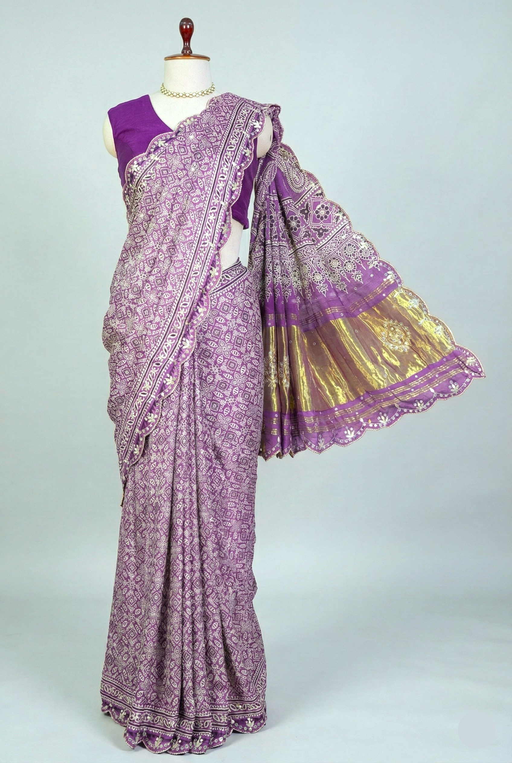 Lavender Modal Silk Ajrakh Printed Saree with Applique and Gota Work - lavender silk saree