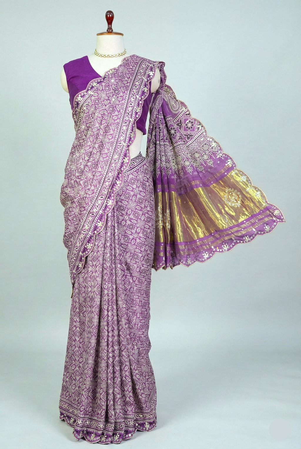 Lavender Modal Silk Ajrakh Printed Saree with Applique and Gota Work - lavender silk saree