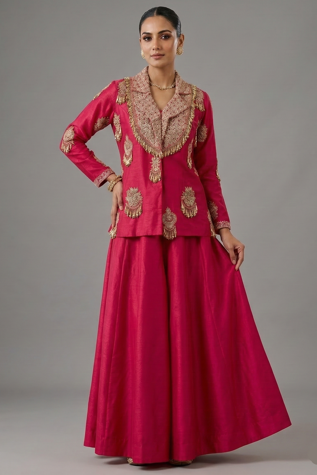 Rani Pink Satin Silk Gota Worked and Sequin Beaded Worked Indo Western Set - pink silk saree