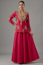Rani Pink Satin Silk Gota Worked and Sequin Beaded Worked Indo Western Set - pink silk saree