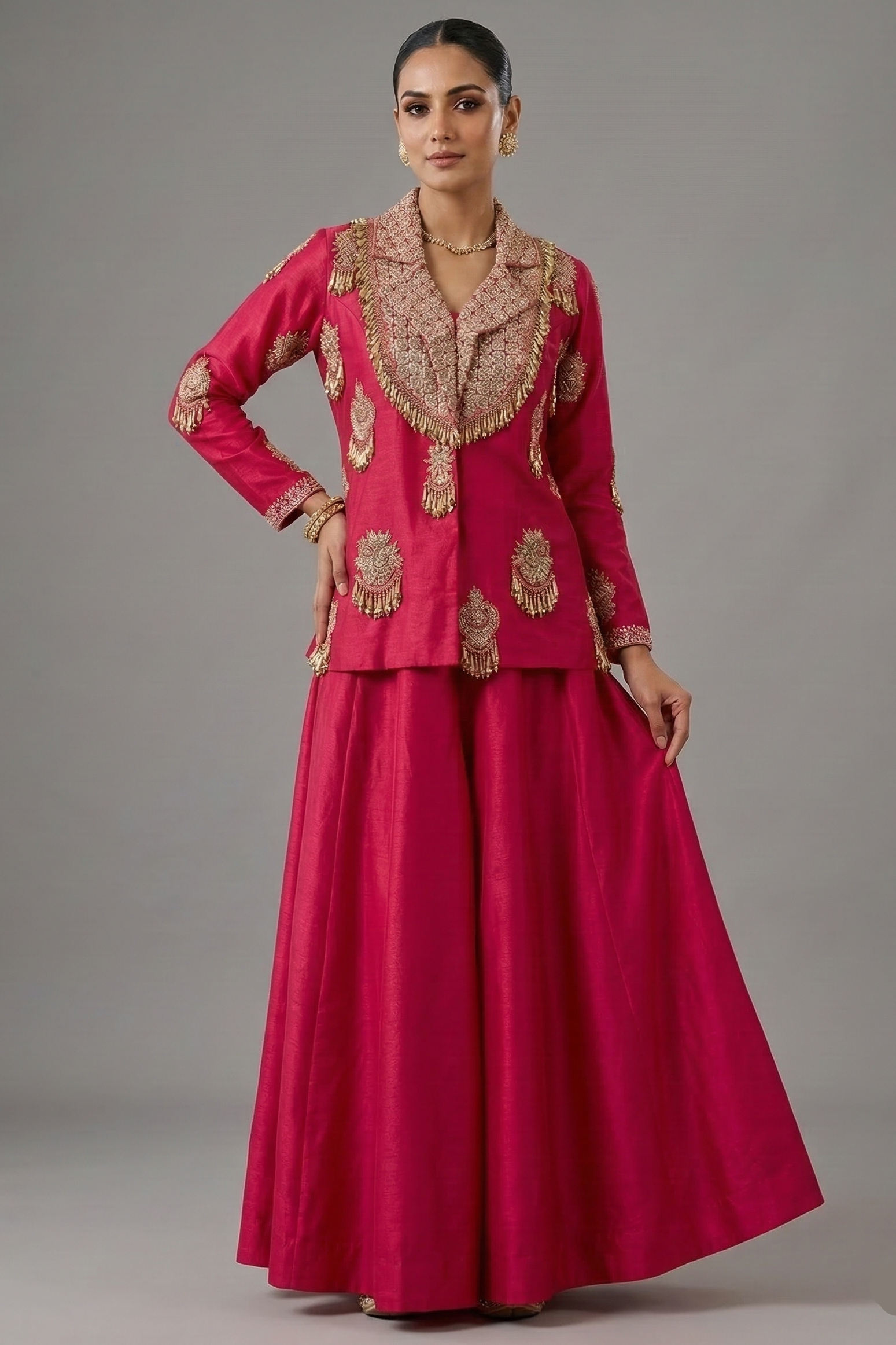 Rani Pink Satin Silk Gota Worked and Sequin Beaded Worked Indo Western Set - pink silk saree