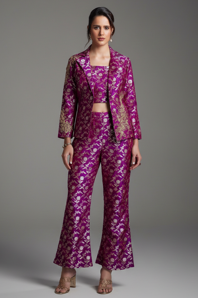 Amethyst Purple Brocade Silk Floral Woven Jaal Blazer Set with Sequins and Cutdana - purple silk saree Main image