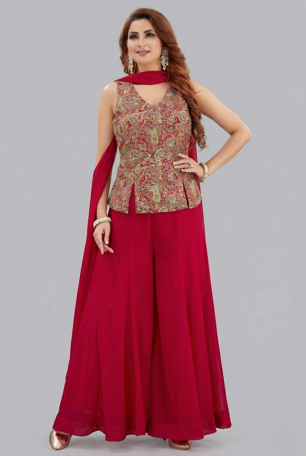 Pink Georgette Embroidered Palazzo Suit - red georgette saree embroidered