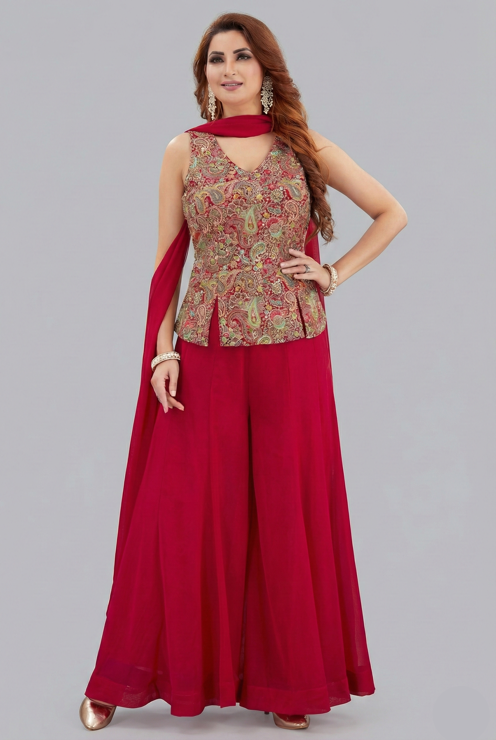 Pink Georgette Embroidered Palazzo Suit - red georgette saree embroidered