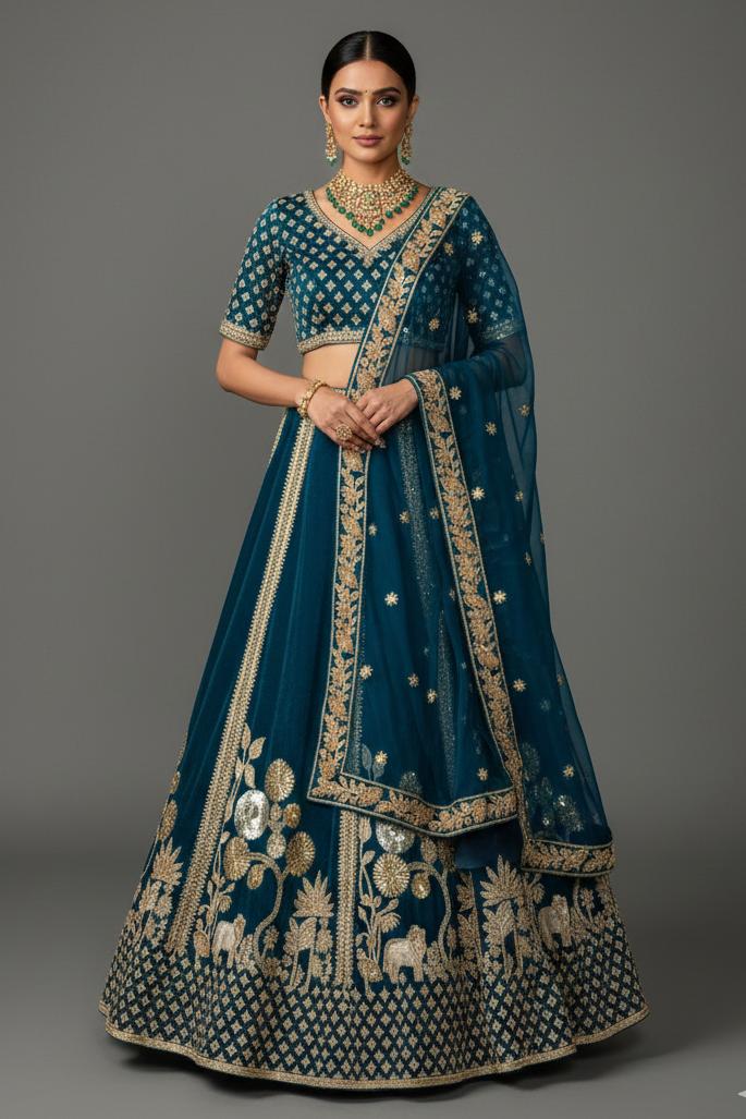 Rama Blue Organza Sequins and Zardosi Worked Lehenga - blue organza saree