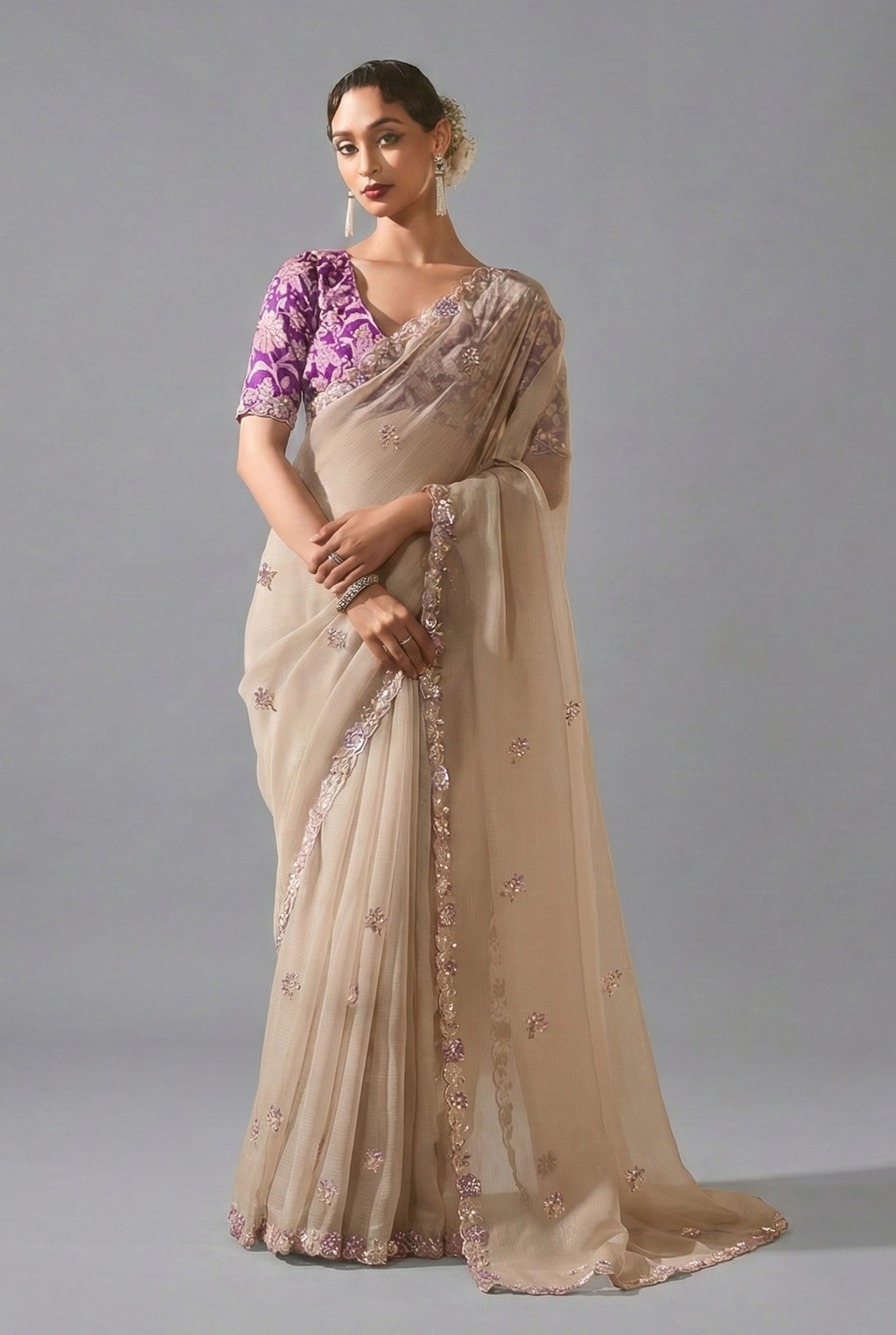 Cream Tissue Saree with Sequin Embroidery Work - cream saree embroidery