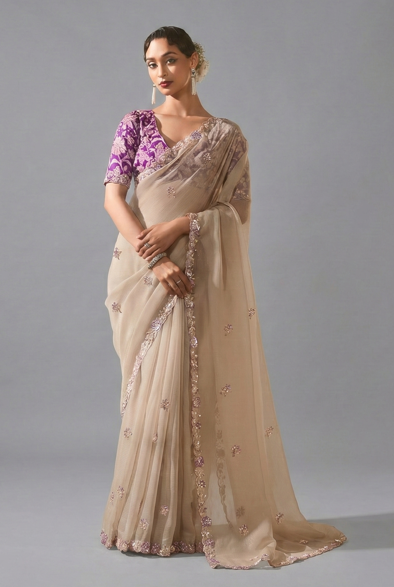 Cream Tissue Saree with Sequin Embroidery Work - cream saree embroidery