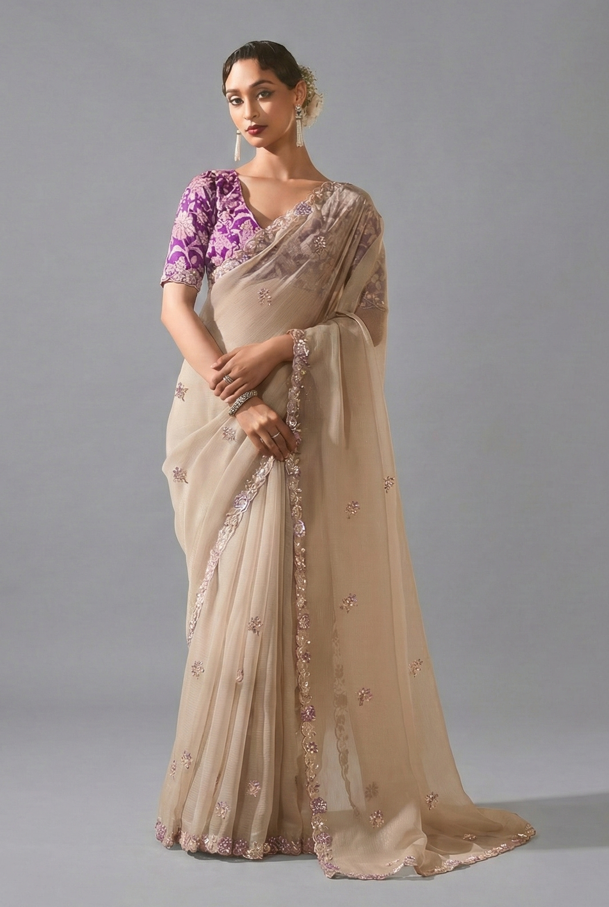 Cream Tissue Saree with Sequin Embroidery Work