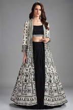 Black Georgette Sequin Beaded Crop Top Lehenga with Jacket - black georgette saree
