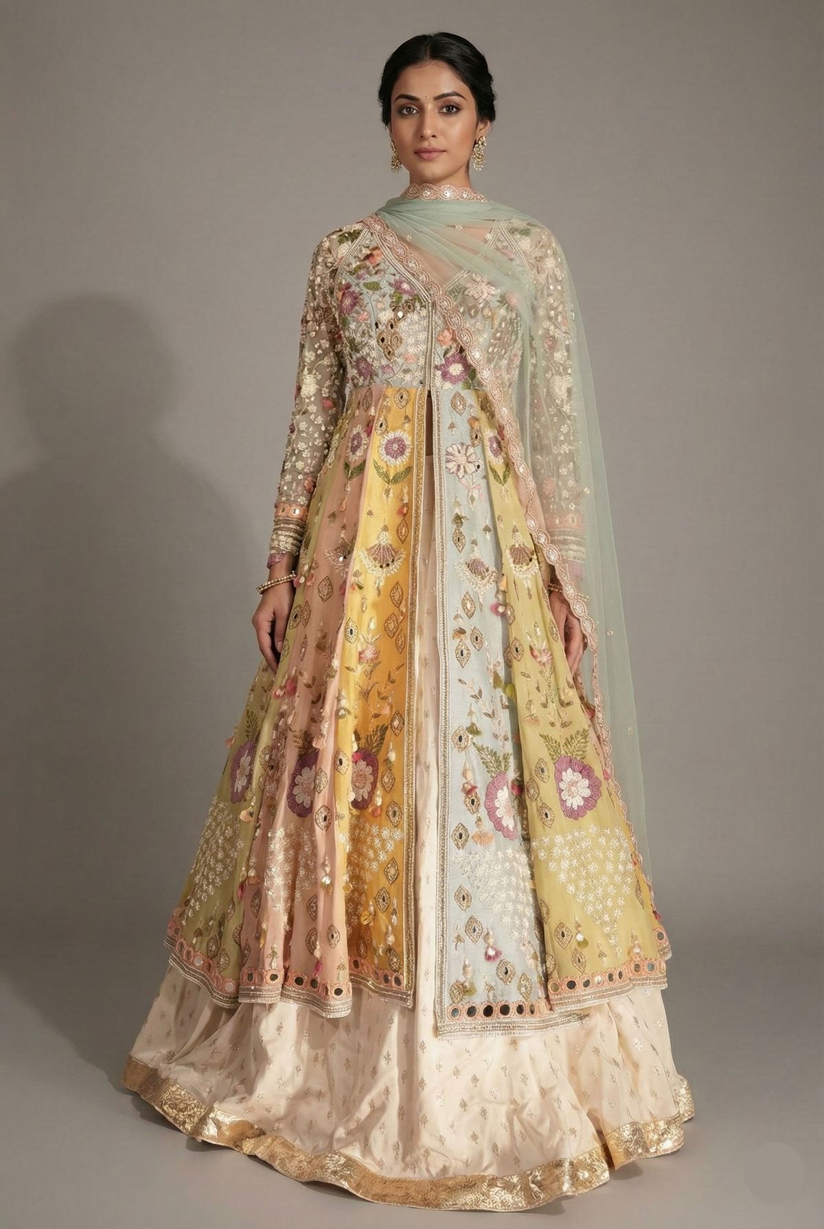 Mult Colored Organza Designer Handworked Slit Cut Lehenga Suit