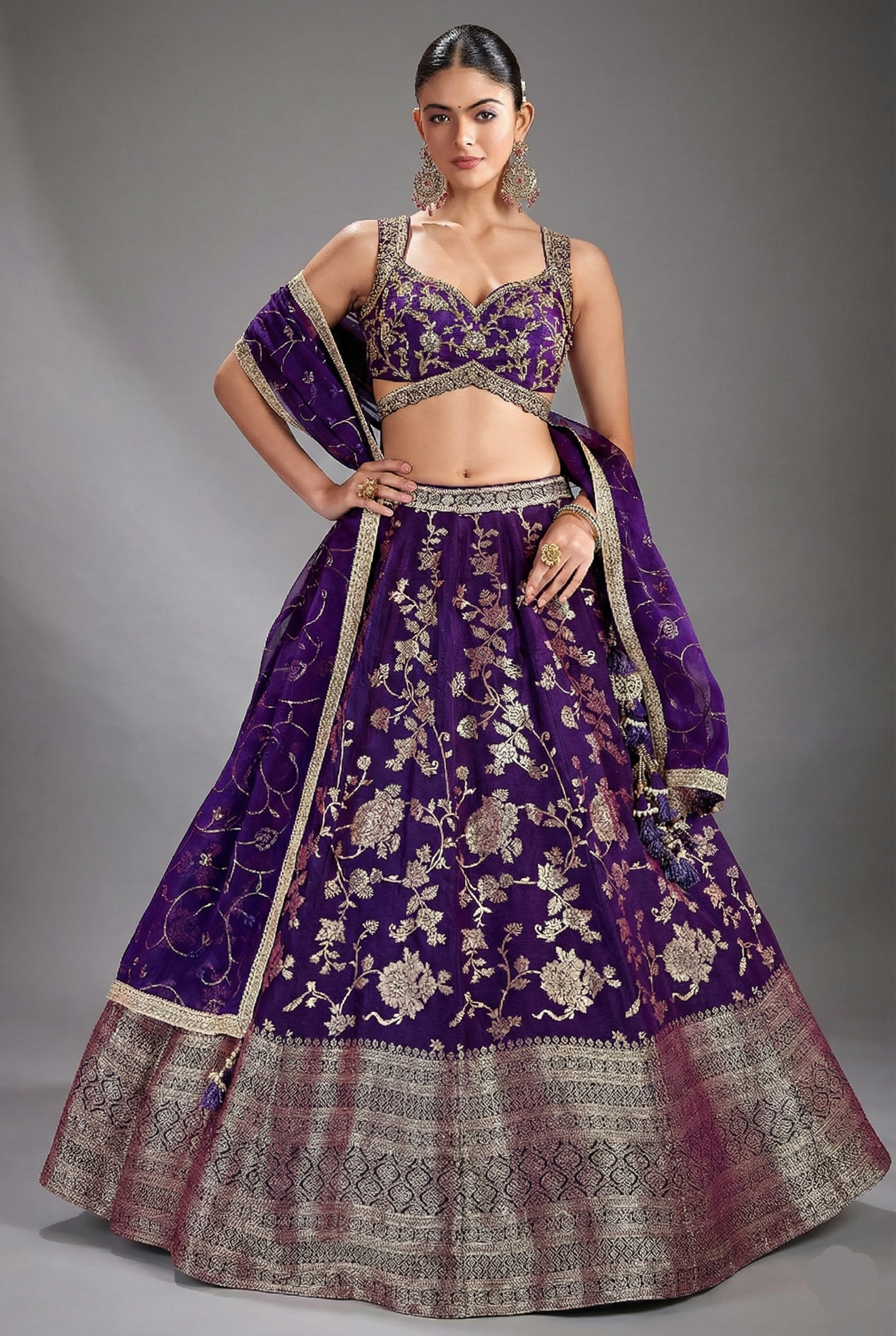 Purple Silk Floral Zari Woven Lehenga - purple silk saree zari Main image