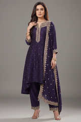 Purple Art Silk Sequin Embroidered High and Low Suit