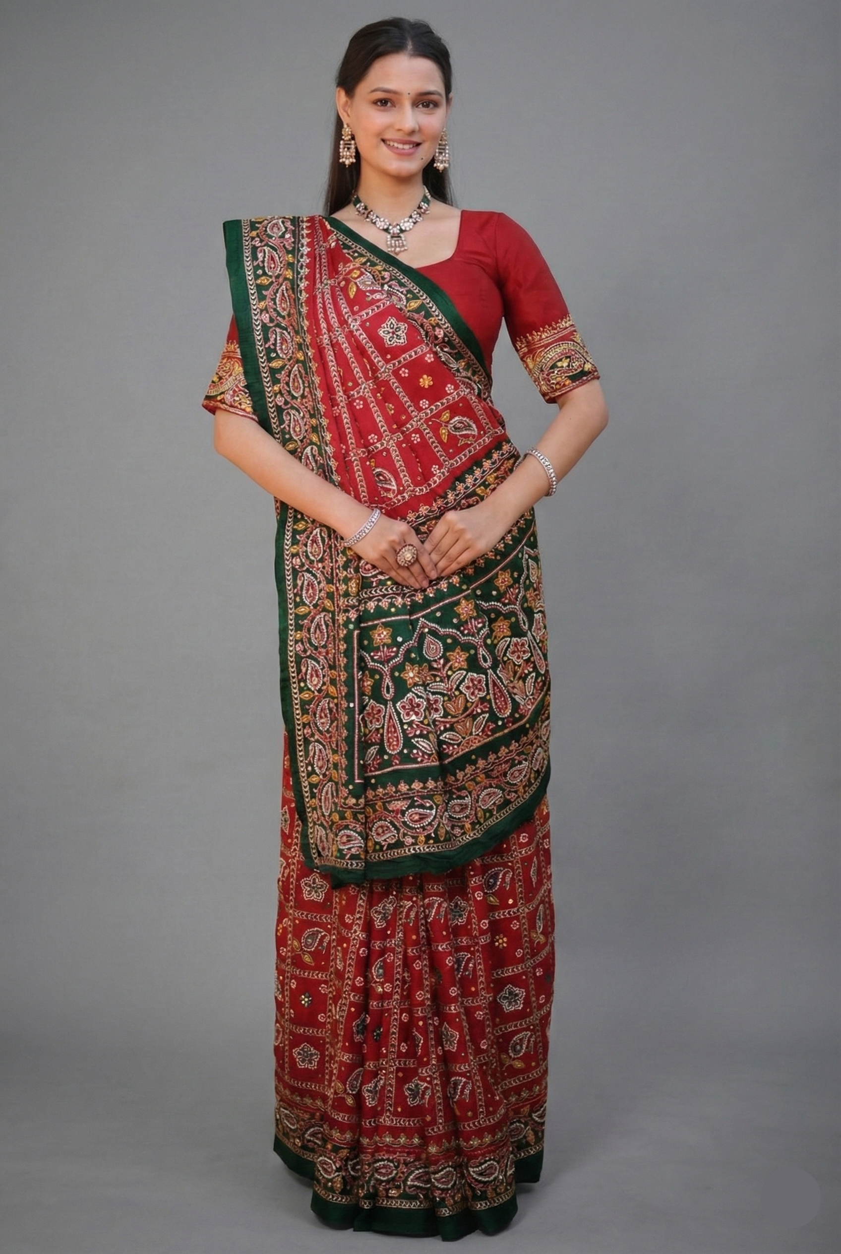 Maroon Gaji Silk Traditional Gharchola with Contrast Pallu and Border - maroon silk saree Main image